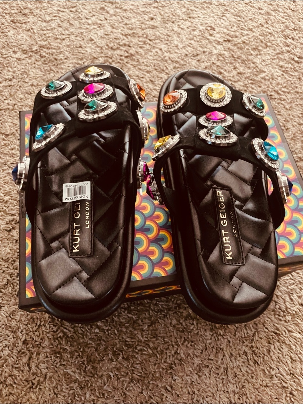 Kurt Geiger Black Quilted Slide Sandals with Multicolor Crystal Medallions - Picture 3 of 5